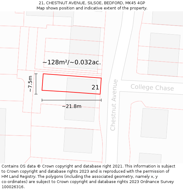 21, CHESTNUT AVENUE, SILSOE, BEDFORD, MK45 4GP: Plot and title map