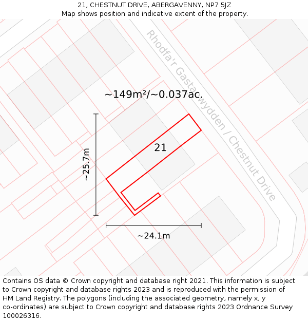 21, CHESTNUT DRIVE, ABERGAVENNY, NP7 5JZ: Plot and title map
