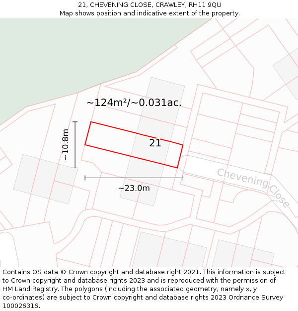21, CHEVENING CLOSE, CRAWLEY, RH11 9QU: Plot and title map