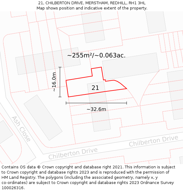 21, CHILBERTON DRIVE, MERSTHAM, REDHILL, RH1 3HL: Plot and title map