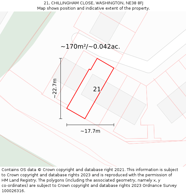 21, CHILLINGHAM CLOSE, WASHINGTON, NE38 8FJ: Plot and title map