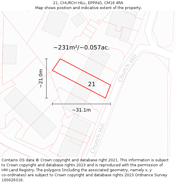 21, CHURCH HILL, EPPING, CM16 4RA: Plot and title map