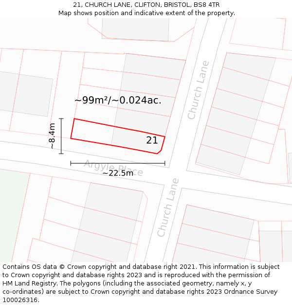 21, CHURCH LANE, CLIFTON, BRISTOL, BS8 4TR: Plot and title map
