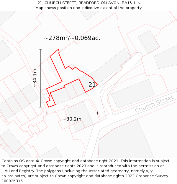 21, CHURCH STREET, BRADFORD-ON-AVON, BA15 1LN: Plot and title map