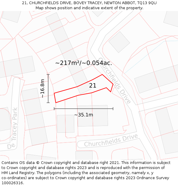 21, CHURCHFIELDS DRIVE, BOVEY TRACEY, NEWTON ABBOT, TQ13 9QU: Plot and title map