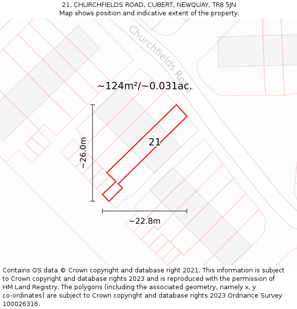 21, CHURCHFIELDS ROAD, CUBERT, NEWQUAY, TR8 5JN: Plot and title map