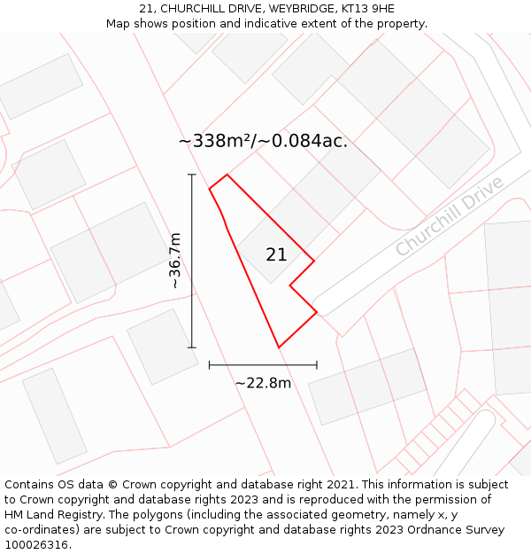 21, CHURCHILL DRIVE, WEYBRIDGE, KT13 9HE: Plot and title map