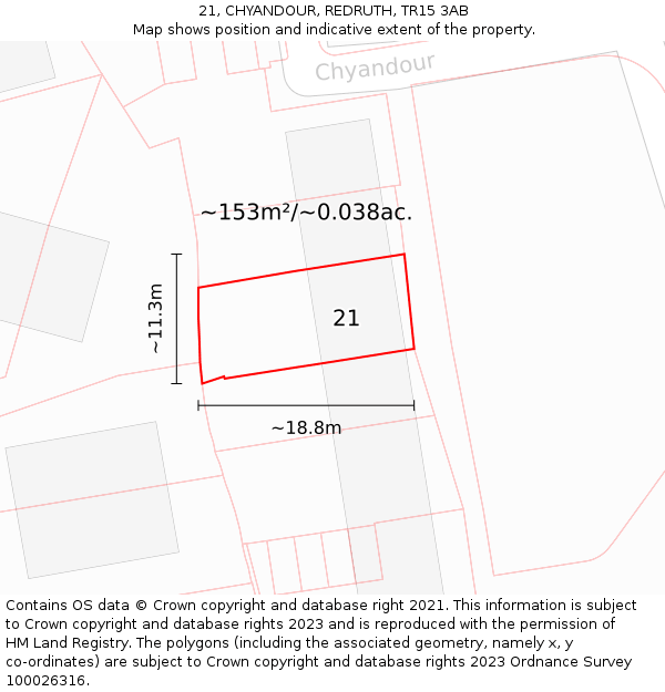 21, CHYANDOUR, REDRUTH, TR15 3AB: Plot and title map