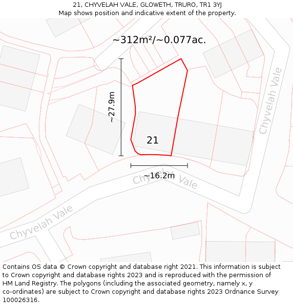 21, CHYVELAH VALE, GLOWETH, TRURO, TR1 3YJ: Plot and title map
