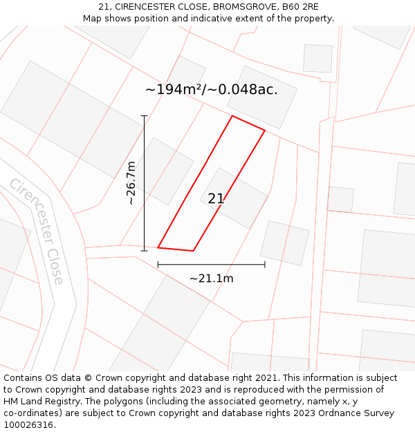 21, CIRENCESTER CLOSE, BROMSGROVE, B60 2RE: Plot and title map
