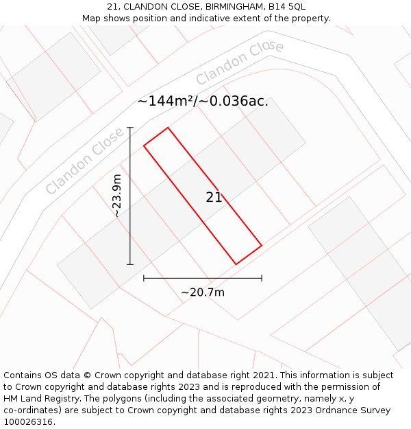 21, CLANDON CLOSE, BIRMINGHAM, B14 5QL: Plot and title map