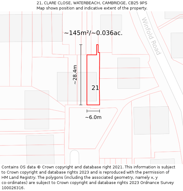 21, CLARE CLOSE, WATERBEACH, CAMBRIDGE, CB25 9PS: Plot and title map
