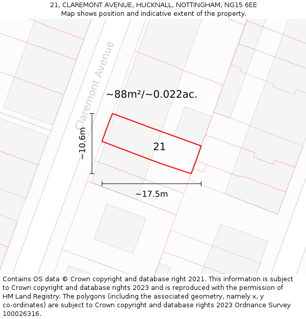 21, CLAREMONT AVENUE, HUCKNALL, NOTTINGHAM, NG15 6EE: Plot and title map