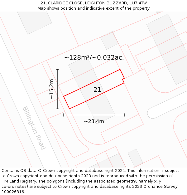 21, CLARIDGE CLOSE, LEIGHTON BUZZARD, LU7 4TW: Plot and title map