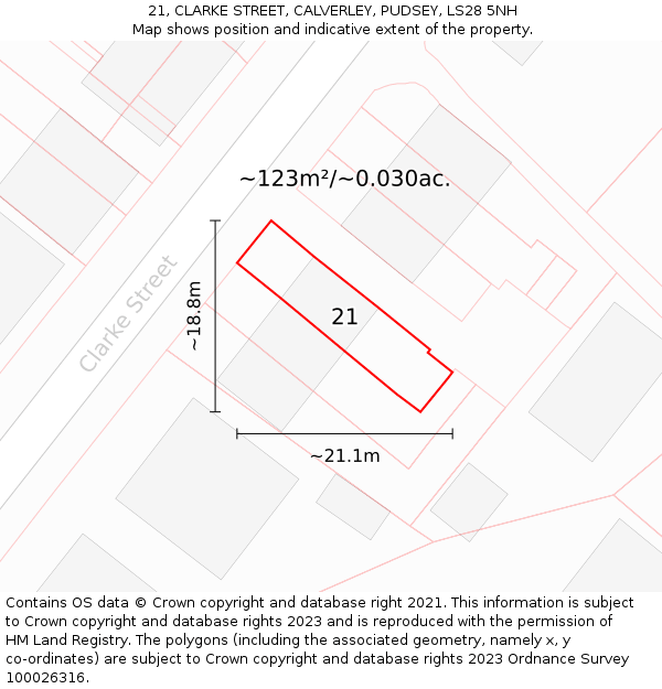 21, CLARKE STREET, CALVERLEY, PUDSEY, LS28 5NH: Plot and title map