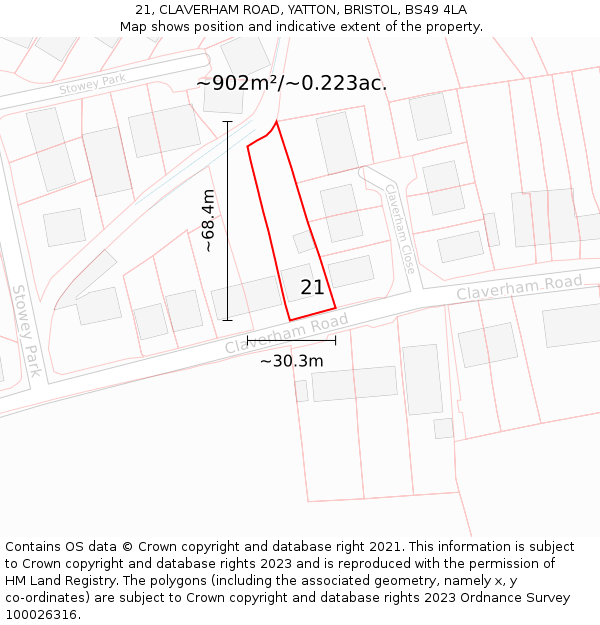 21, CLAVERHAM ROAD, YATTON, BRISTOL, BS49 4LA: Plot and title map