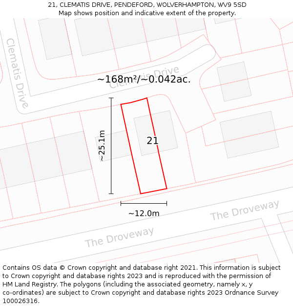 21, CLEMATIS DRIVE, PENDEFORD, WOLVERHAMPTON, WV9 5SD: Plot and title map