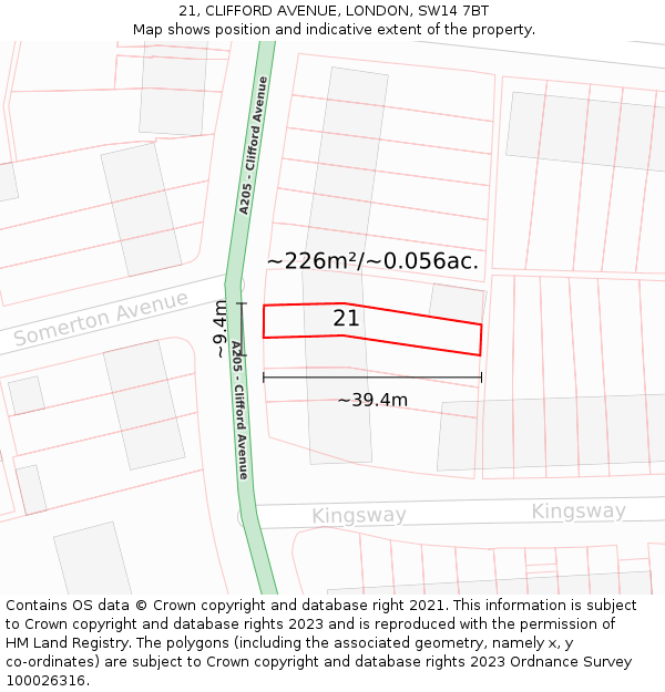 21, CLIFFORD AVENUE, LONDON, SW14 7BT: Plot and title map