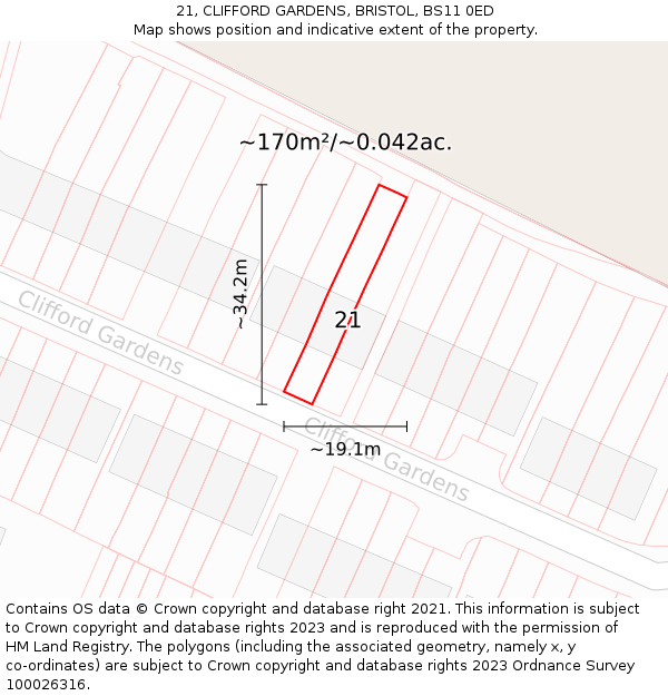 21, CLIFFORD GARDENS, BRISTOL, BS11 0ED: Plot and title map