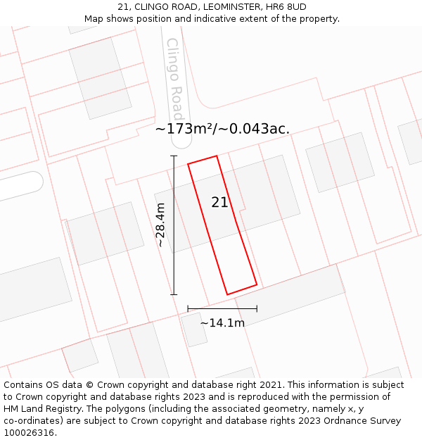 21, CLINGO ROAD, LEOMINSTER, HR6 8UD: Plot and title map