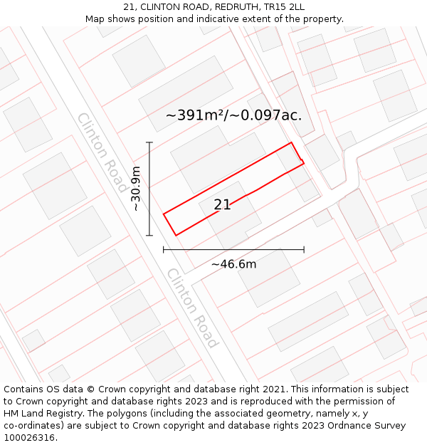 21, CLINTON ROAD, REDRUTH, TR15 2LL: Plot and title map