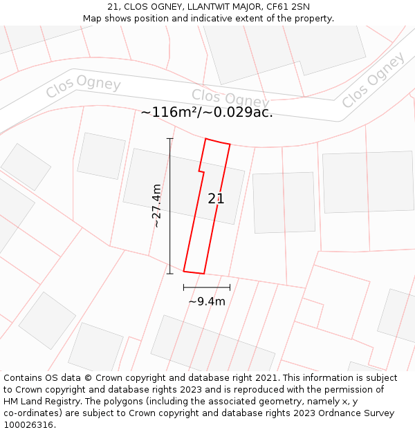 21, CLOS OGNEY, LLANTWIT MAJOR, CF61 2SN: Plot and title map