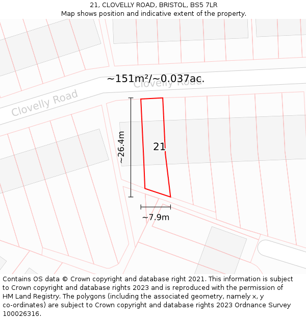 21, CLOVELLY ROAD, BRISTOL, BS5 7LR: Plot and title map