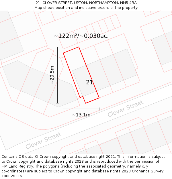21, CLOVER STREET, UPTON, NORTHAMPTON, NN5 4BA: Plot and title map