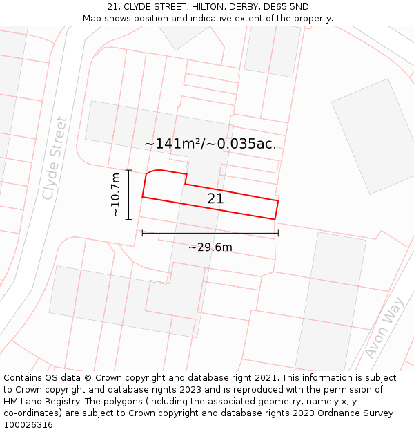 21, CLYDE STREET, HILTON, DERBY, DE65 5ND: Plot and title map
