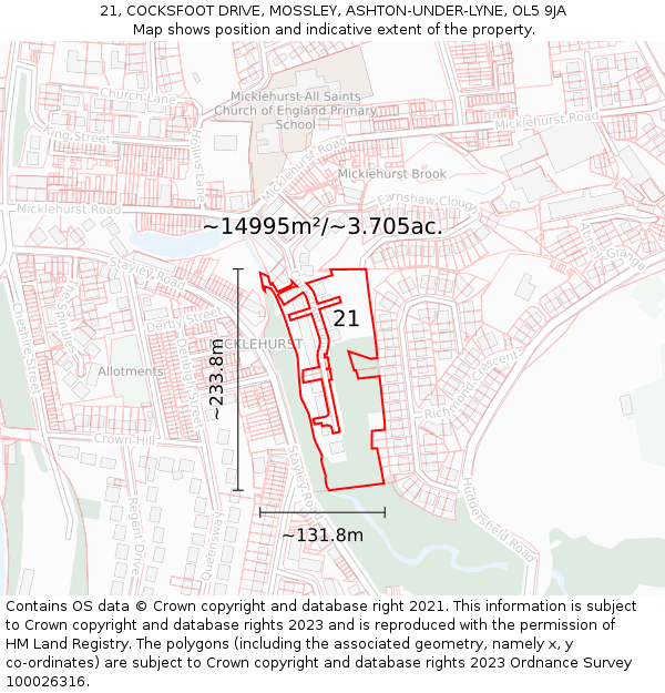21, COCKSFOOT DRIVE, MOSSLEY, ASHTON-UNDER-LYNE, OL5 9JA: Plot and title map