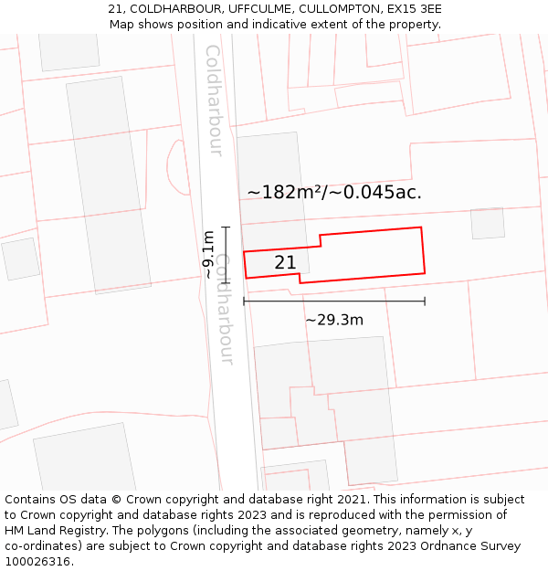 21, COLDHARBOUR, UFFCULME, CULLOMPTON, EX15 3EE: Plot and title map
