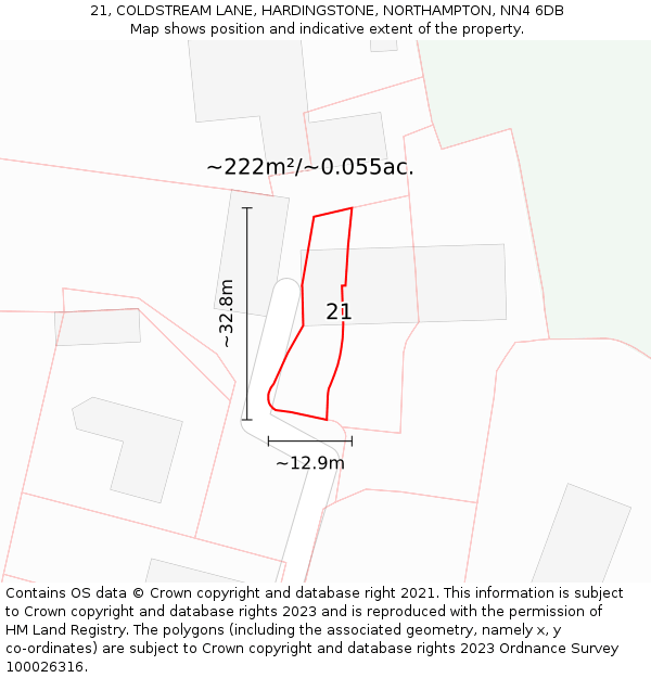 21, COLDSTREAM LANE, HARDINGSTONE, NORTHAMPTON, NN4 6DB: Plot and title map