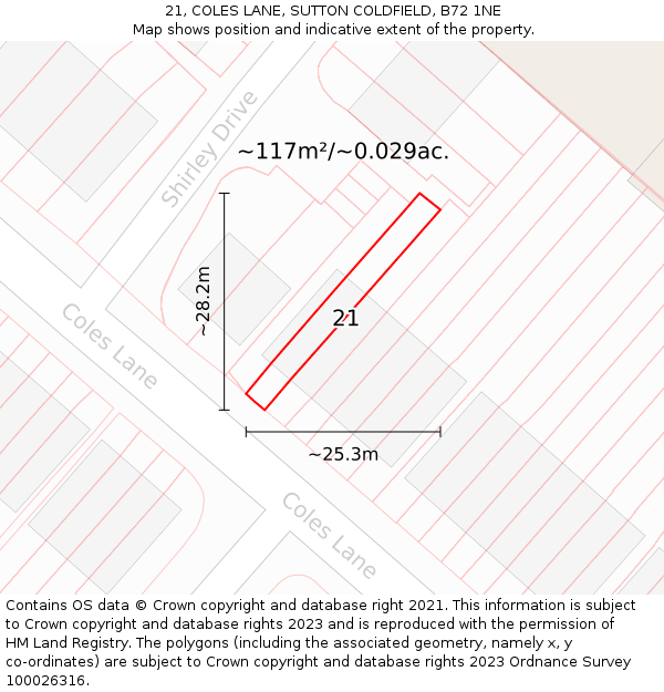 21, COLES LANE, SUTTON COLDFIELD, B72 1NE: Plot and title map