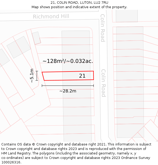 21, COLIN ROAD, LUTON, LU2 7RU: Plot and title map