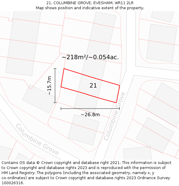 21, COLUMBINE GROVE, EVESHAM, WR11 2LR: Plot and title map