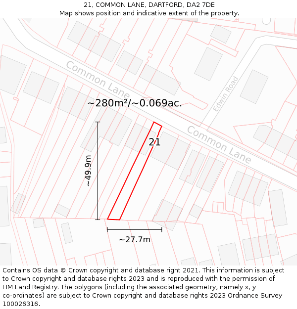 21, COMMON LANE, DARTFORD, DA2 7DE: Plot and title map
