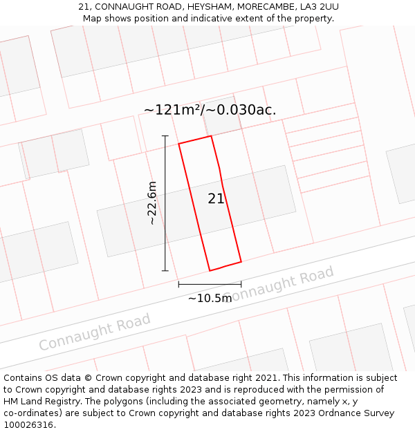 21, CONNAUGHT ROAD, HEYSHAM, MORECAMBE, LA3 2UU: Plot and title map