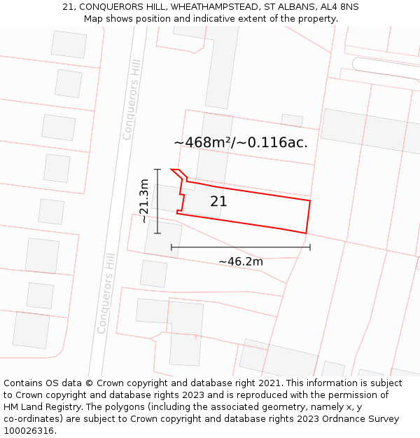 21, CONQUERORS HILL, WHEATHAMPSTEAD, ST ALBANS, AL4 8NS: Plot and title map