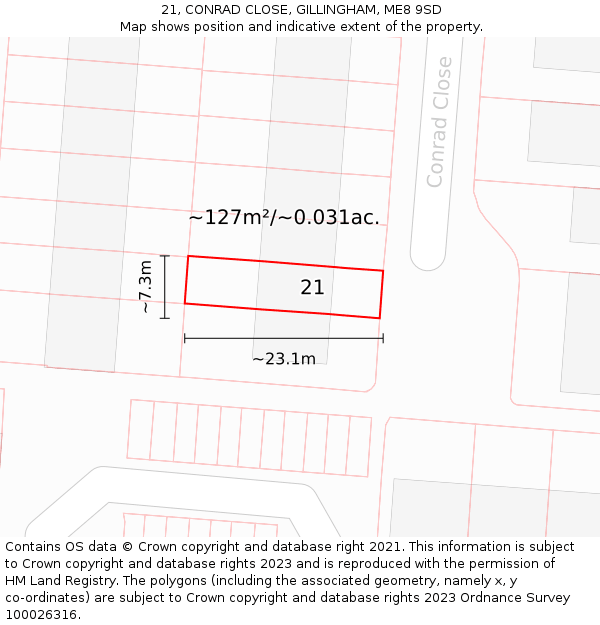 21, CONRAD CLOSE, GILLINGHAM, ME8 9SD: Plot and title map