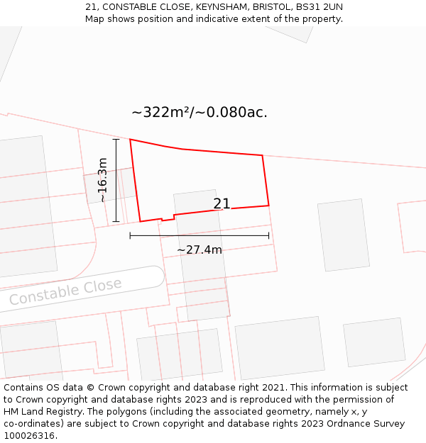 21, CONSTABLE CLOSE, KEYNSHAM, BRISTOL, BS31 2UN: Plot and title map