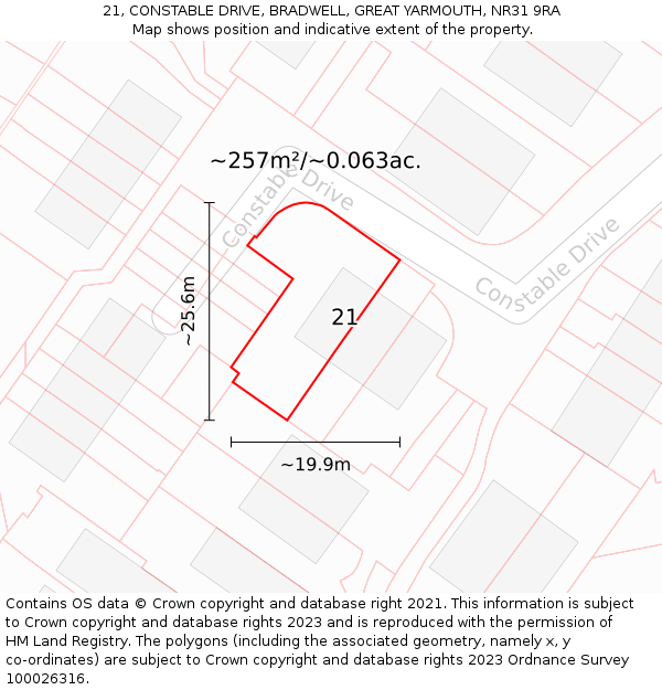 21, CONSTABLE DRIVE, BRADWELL, GREAT YARMOUTH, NR31 9RA: Plot and title map
