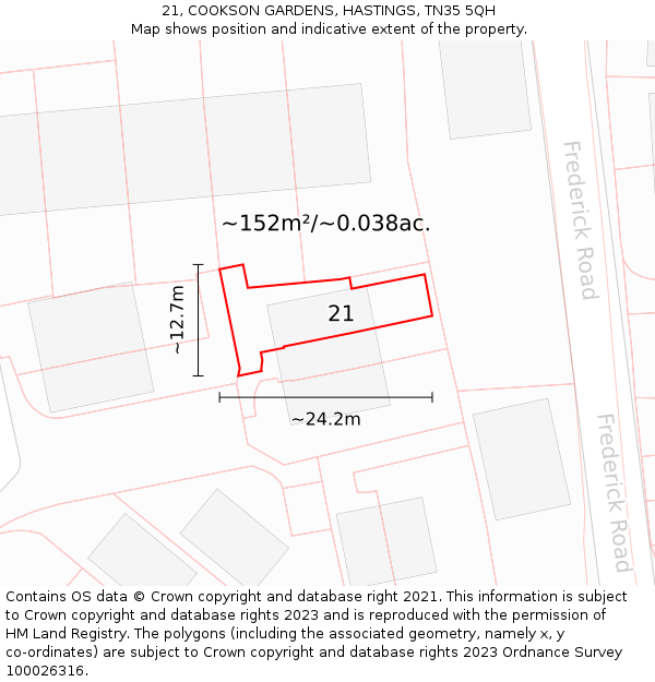 21, COOKSON GARDENS, HASTINGS, TN35 5QH: Plot and title map
