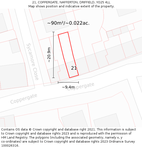 21, COPPERGATE, NAFFERTON, DRIFFIELD, YO25 4LL: Plot and title map
