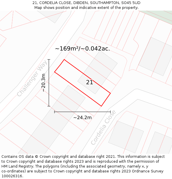 21, CORDELIA CLOSE, DIBDEN, SOUTHAMPTON, SO45 5UD: Plot and title map