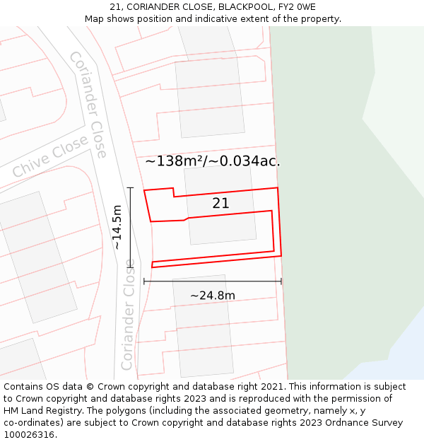 21, CORIANDER CLOSE, BLACKPOOL, FY2 0WE: Plot and title map