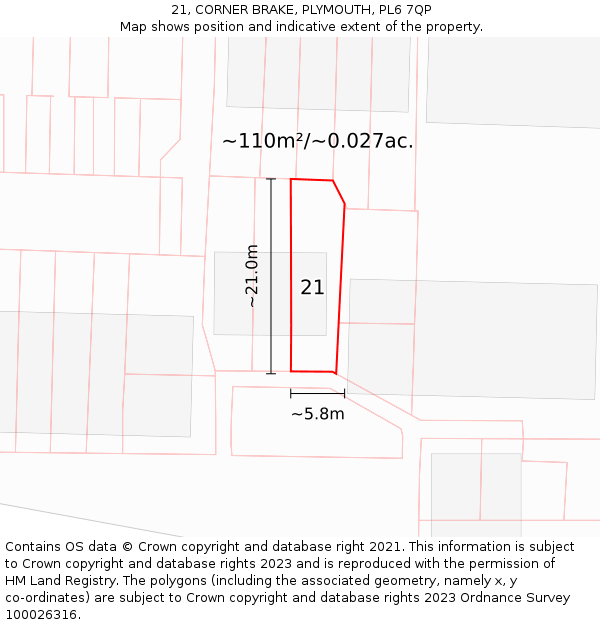 21, CORNER BRAKE, PLYMOUTH, PL6 7QP: Plot and title map