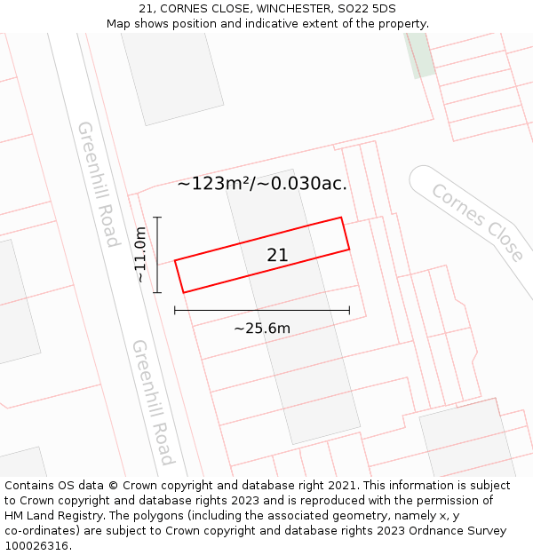 21, CORNES CLOSE, WINCHESTER, SO22 5DS: Plot and title map
