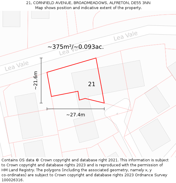 21, CORNFIELD AVENUE, BROADMEADOWS, ALFRETON, DE55 3NN: Plot and title map