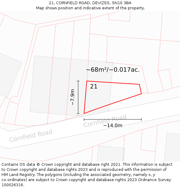 21, CORNFIELD ROAD, DEVIZES, SN10 3BA: Plot and title map