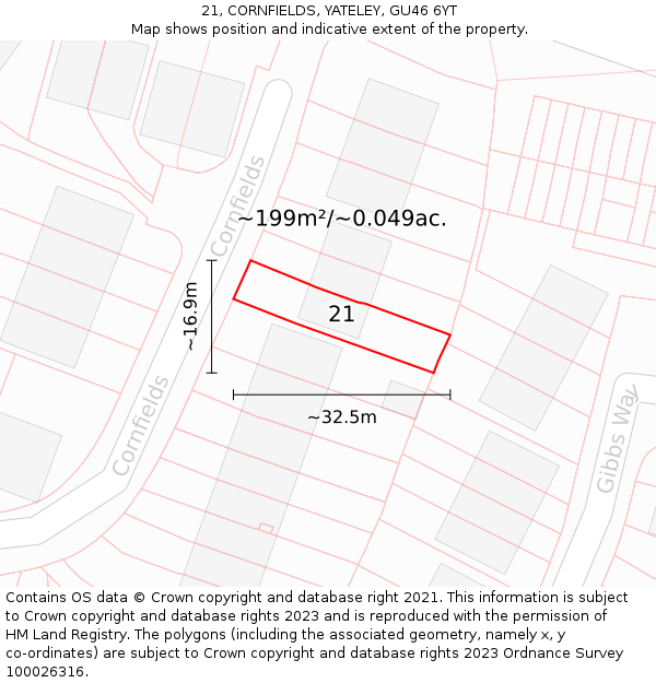 21, CORNFIELDS, YATELEY, GU46 6YT: Plot and title map